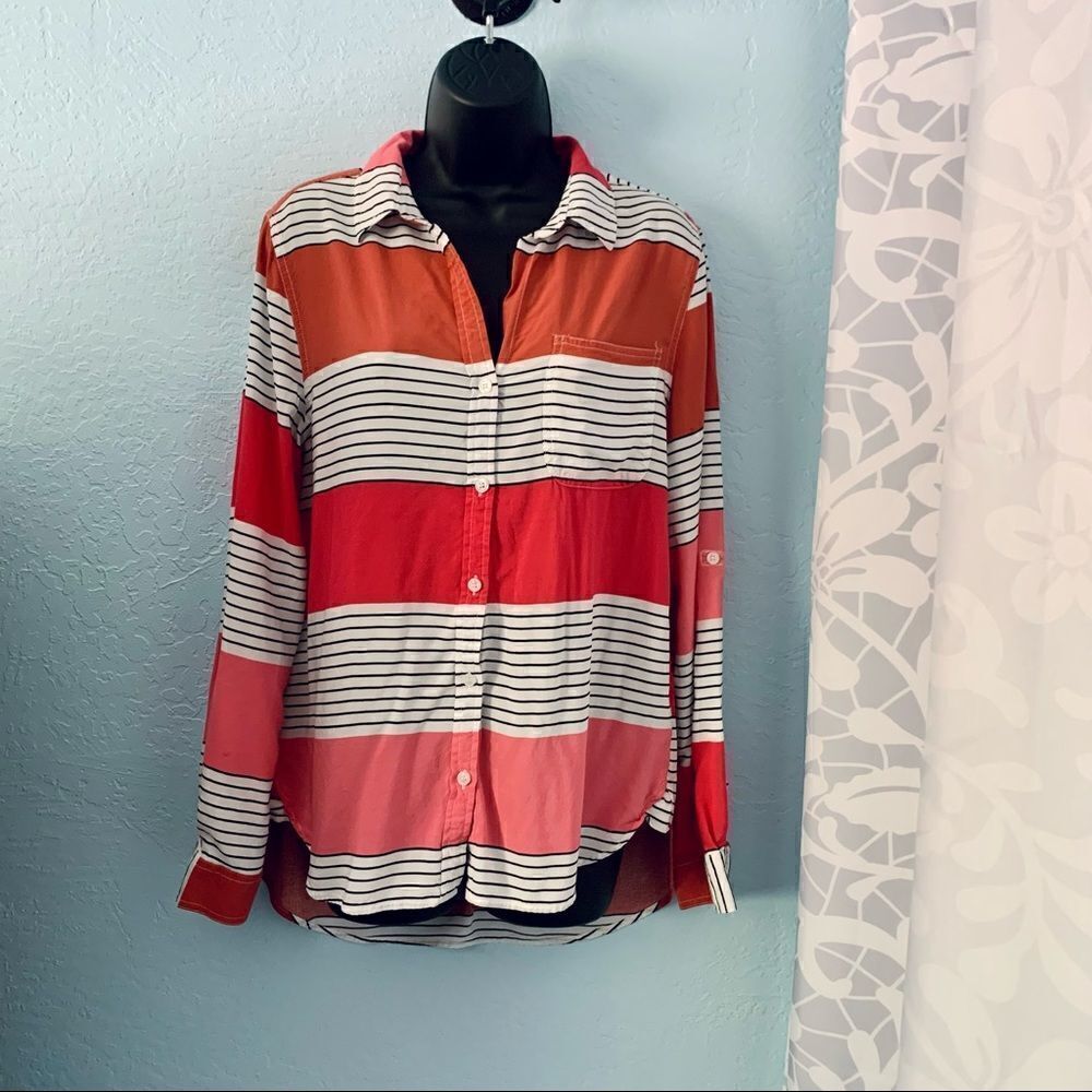 Velvet Heart Pink & Black Striped Button Down Shirt Size Large